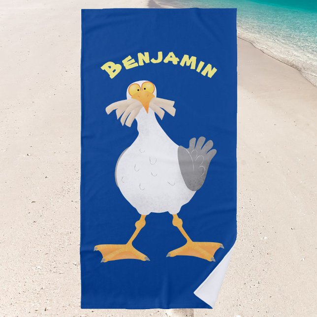 Toalla De Playa Gaviota divertida con personalizado de patatas fri (Have fun in the sun with this cartoon seagull beach towel.)