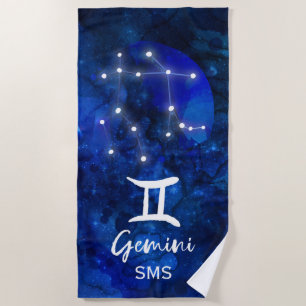 Toalla De Playa Gemini Constelación Zodiaca Galaxia Azul Monograma