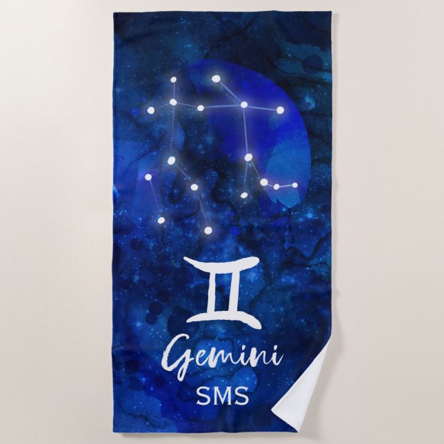 Toalla De Playa Gemini Constelación Zodiaca Galaxia Azul Monograma (Anverso)
