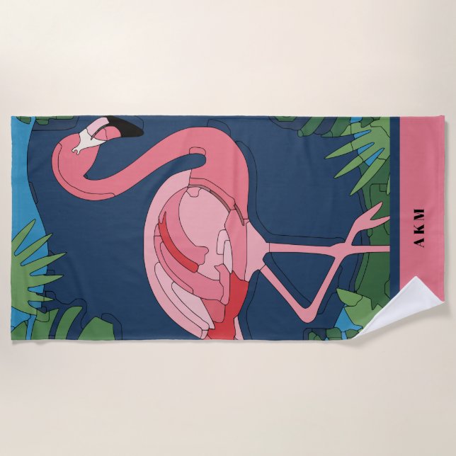Toalla De Playa Geo rosa Flamingo con nombre (Anverso)