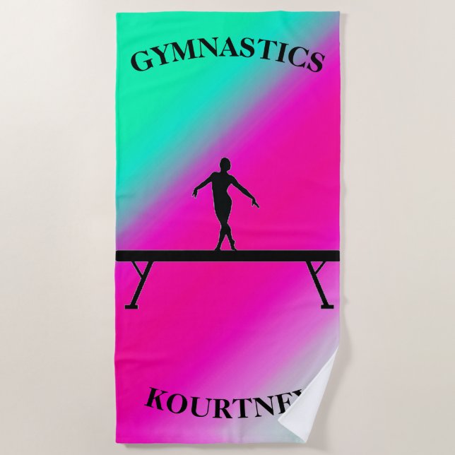 Toalla De Playa Gimnasia Equilibrio Beam Mint y Fuchsia (Anverso)