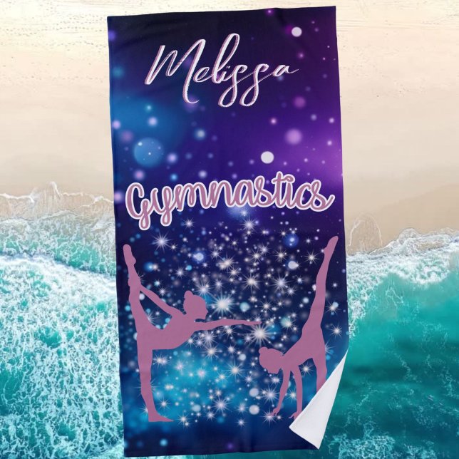 Toalla De Playa Gimnasia Galaxia Turquesa Púrpura Personalizada (Gymnastics Galaxy Purple Turquoise Personalized Beach Towel)