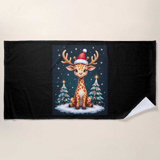 Toalla De Playa Giraffe Gorra de renos Santa Christmas Tree Funny  (Anverso)