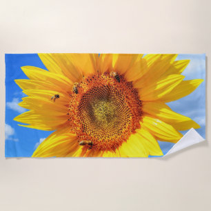 Toalla De Playa Girasol amarillo y abejas en el cielo azul - veran