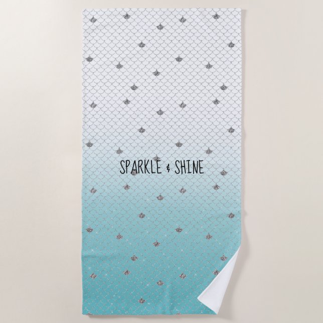 Toalla De Playa Girly Aqua Silver Purpurina Sparkle Mermaid (Anverso)