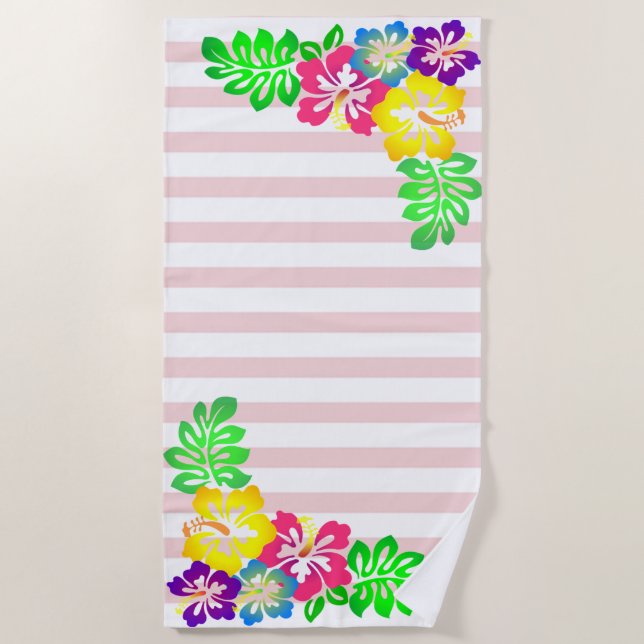 Toalla De Playa Girly, Hawaii Hibiscus, Stripes (Anverso)