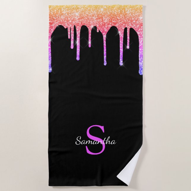 Toalla De Playa Girly Rainbow Purpurinas Dris Monograma Nombre (Anverso)