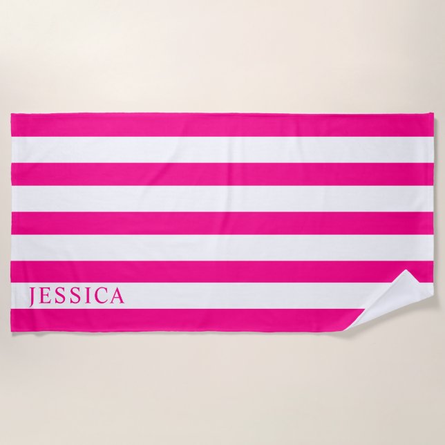 Toalla De Playa Girona Hot Pink White Cabana Strip Personalizado (Anverso)