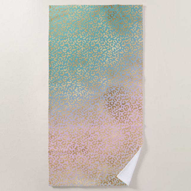 Toalla De Playa Glam Gold Leopard Print Aqua Pink Tie Dye (Anverso)