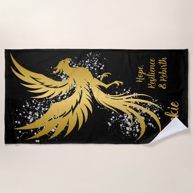 Toalla De Playa Glam Gold Phoenix Silver Purpurina Monograma Negro (Anverso)