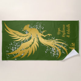 Toalla De Playa Glam Gold Phoenix Silver Purpurina Monograma Verde