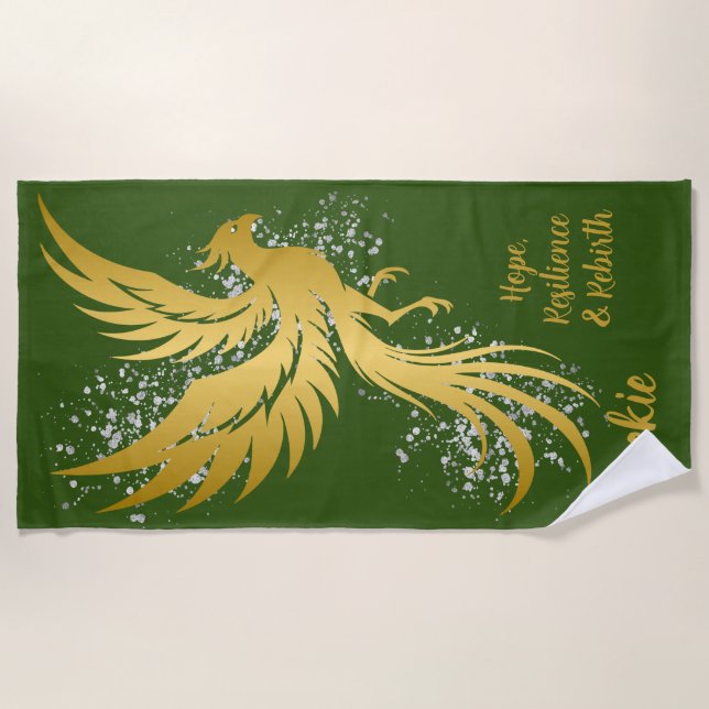 Toalla De Playa Glam Gold Phoenix Silver Purpurina Monograma Verde (Anverso)