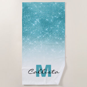 Toalla De Playa Glamoroso Aqua Blue Purpurina Sequin Ombre Monogra