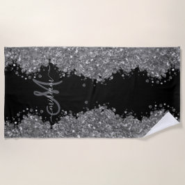 Toalla De Playa Glitter Gris Plateado Negro Monograma Moderno