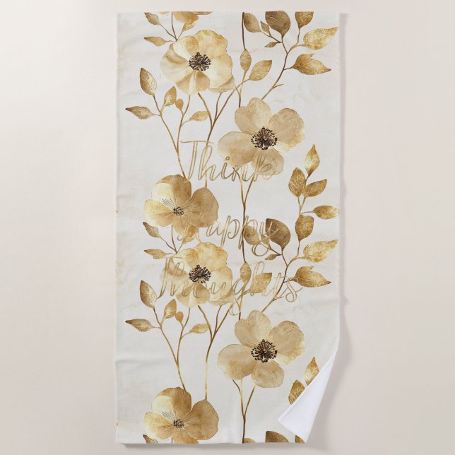 Toalla De Playa Gold Flowers Inspirational Happy Thoughts (Anverso)