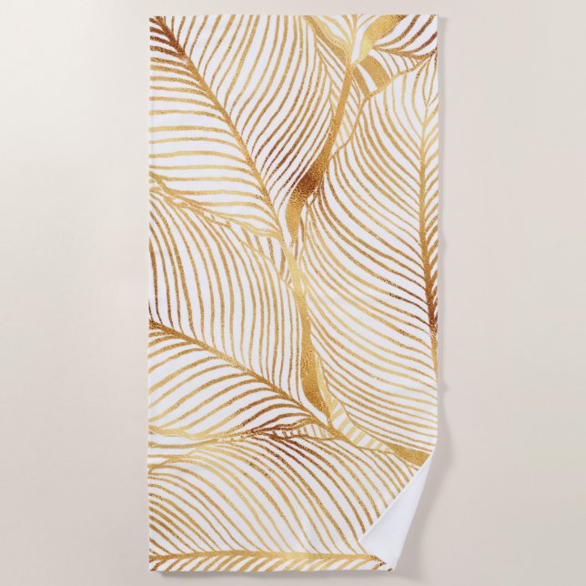 Toalla De Playa Gold Leaves White Elegant Pattern (Anverso)