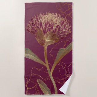 Toalla De Playa Gold Protea Flower Burgundy Botanical Linework