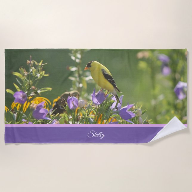 Toalla De Playa Goldfinch en una flor harebell (Anverso)