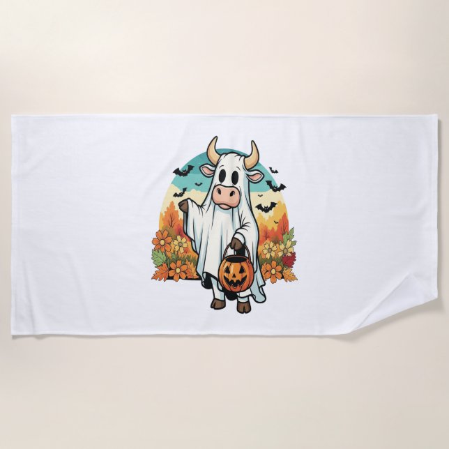 Toalla De Playa Graciosa vaca fantasma de Halloween (Anverso)