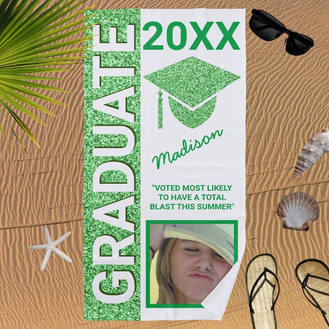 Toalla De Playa Grad Glam Green Cap Summer Photo Typography (Subido por el creador)