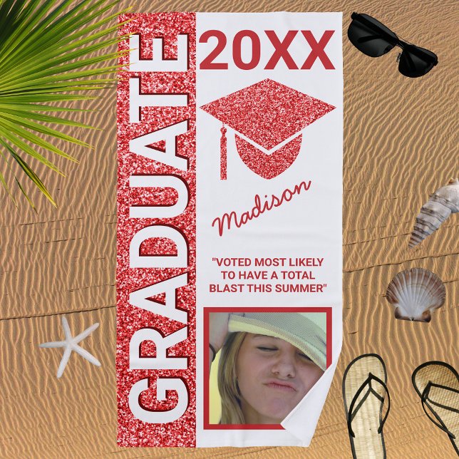 Toalla De Playa Grad Glam Red Cap Summer Photo Typography (Subido por el creador)