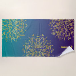 Toalla De Playa Gradiente Verde azulado púrpura Faux Gold Mandala