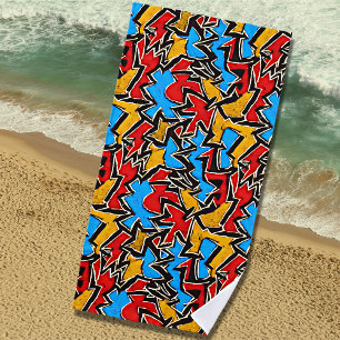 Toalla De Playa Grafiti negro amarillo rojo sobre azul