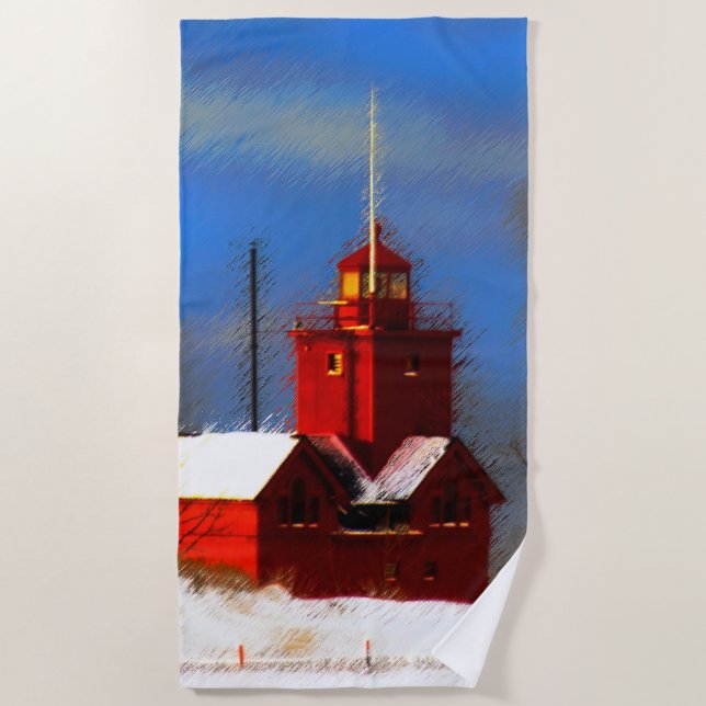 Toalla De Playa Gran pintura de faro rojo - Arte original (Anverso)