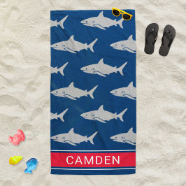 Toalla De Playa Gran Tiburón Blanco Navy Rojo Monograma Nombre