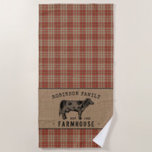 Granja de familia Rústica Vaca Red Plaid Burlap