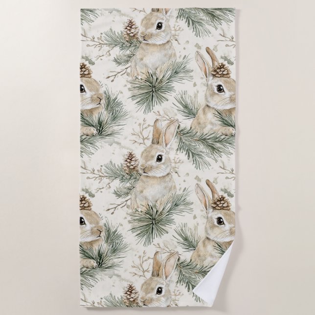 Toalla De Playa Green Pine Cones Bunny Rabbits Christmas (Anverso)