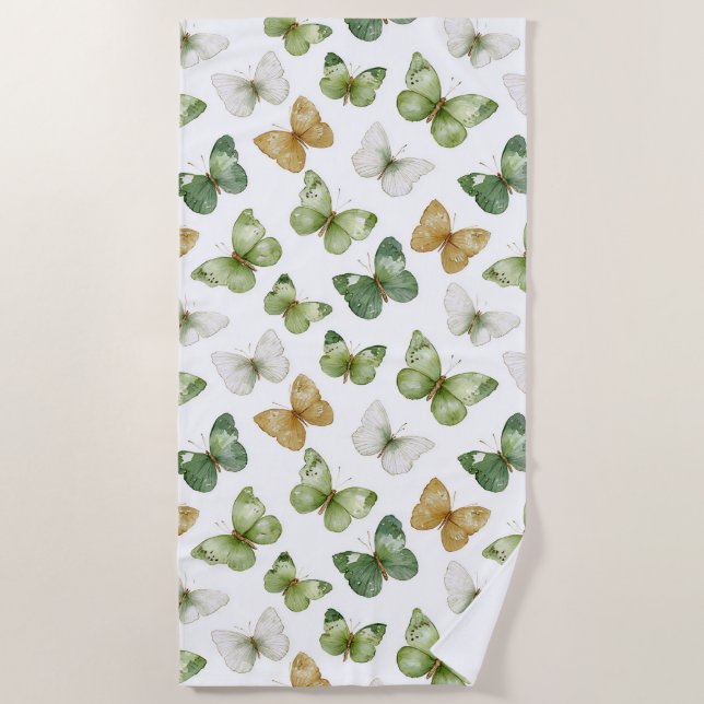 Toalla De Playa Green Tan White Butterflies (Anverso)
