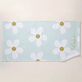 Toalla De Playa Green White Simple Daisy Gold Personal