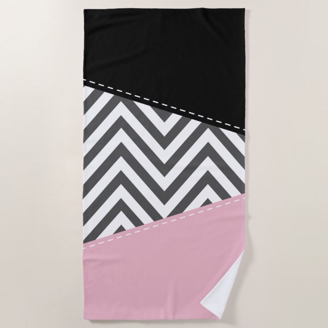 Toalla De Playa Gris Zigzag, Gris Chevron, Zigzag Pattern, Rosa (Anverso)