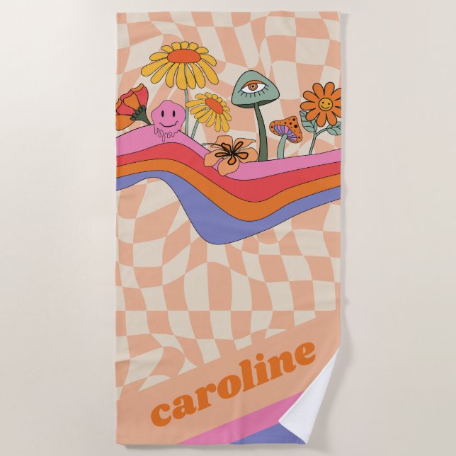 Toalla De Playa Groovy 70s Hongo Flor Personalizado Melocotón  (Anverso)