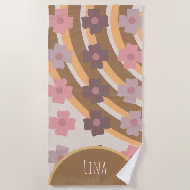 Toalla de playa Groovy Florals Rainbow Brown Nombr (Anverso)