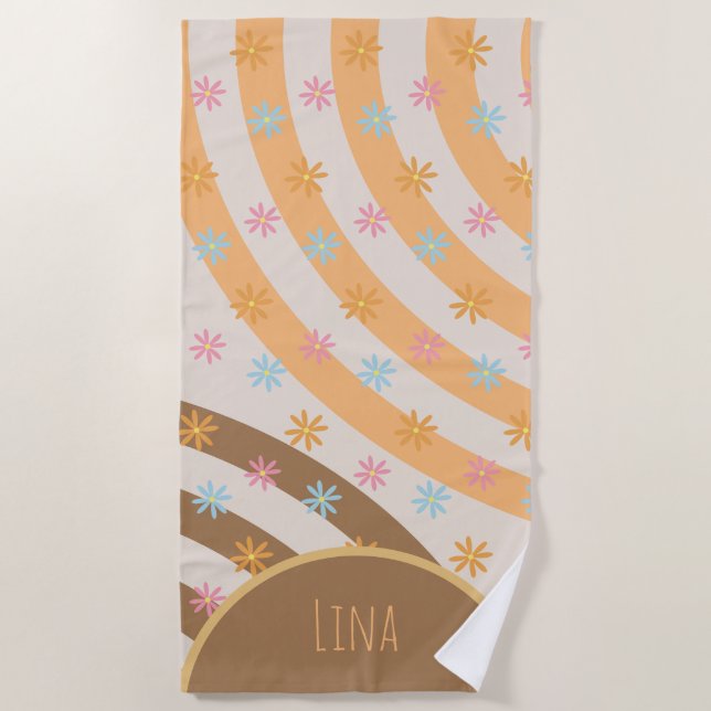 Toalla de playa Groovy Florals Rainbows Nombre (Anverso)