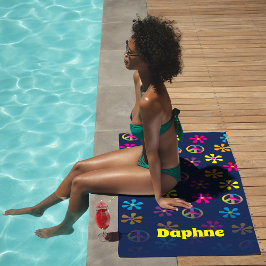 Toalla De Playa Groovy Hippie Peace and Flower Shower Nombre perso