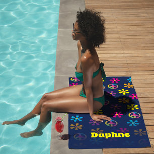 Toalla De Playa Groovy Hippie Peace and Flower Shower Nombre perso