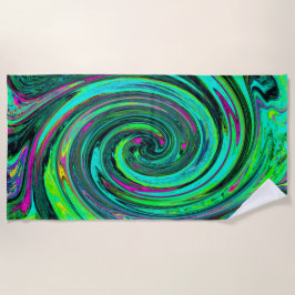 Toalla De Playa Groovy Resumen Retro Green y Magenta Swirl
