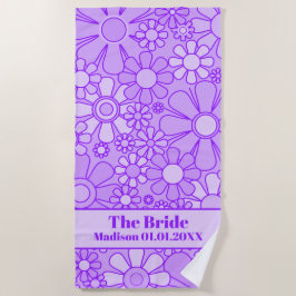 Toalla De Playa Groovy Retro Lavender Patrón Floral para Novia