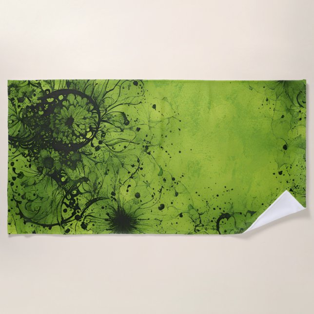 Toalla De Playa Grunge Verde Lima con Acentos Negros (Anverso)