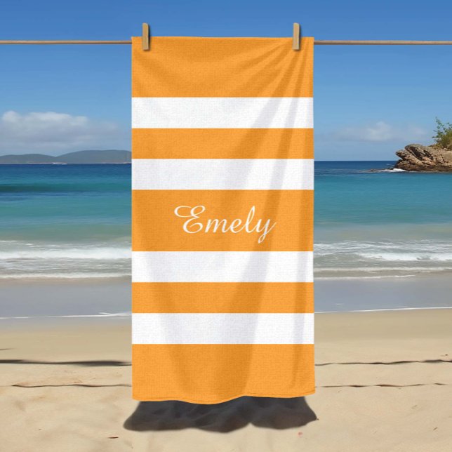 Toalla De Playa Grupo de Naranja de nombre moderno con bandas (Modern Name Orange Striped Pool Beach Towel)