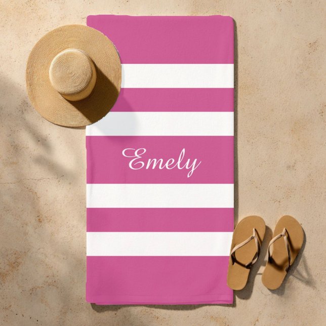 Toalla De Playa Grupo de nombres modernos con bandas rosadas (Modern Name Pink Striped Pool Beach Towel)