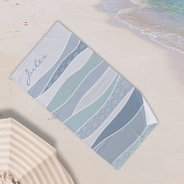 Toalla De Playa Guay Blue Green Curve Stripes Abstract Waves Name