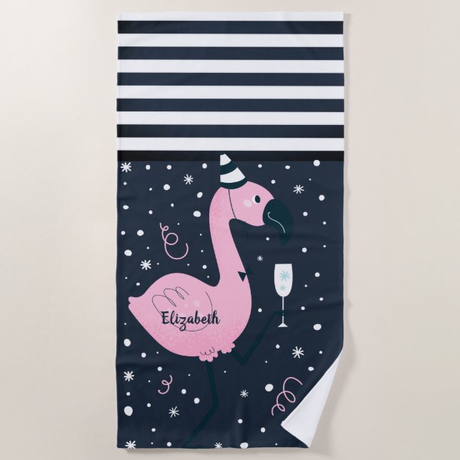 Toalla De Playa Guay Flamingo Rosa Nautical Navy con tira azul (Anverso)
