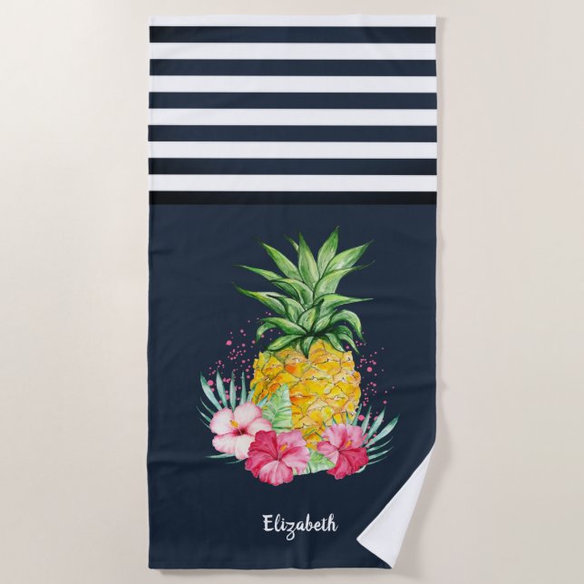 Toalla De Playa Guay Pineapple Hibiscus Navy Blue Stried (Anverso)