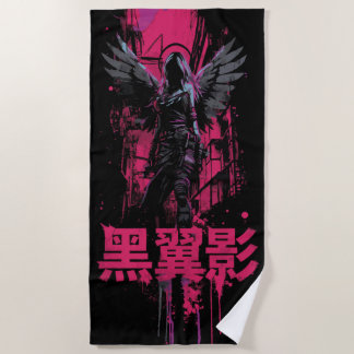 Toalla De Playa Guerrero Alado Oscuro – Diseño de Kanji Japonés