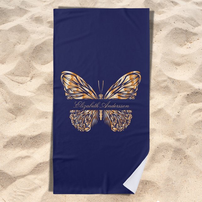 Toalla De Playa Guión de nombre de mariposa de oro azul marino (Subido por el creador)