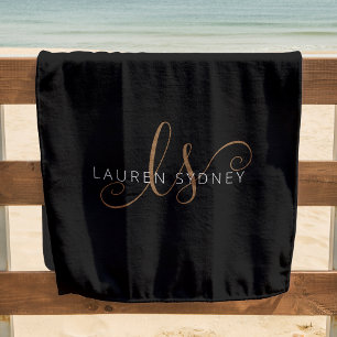 Toalla De Playa Guión femenino de oro negro moderno monogramado
